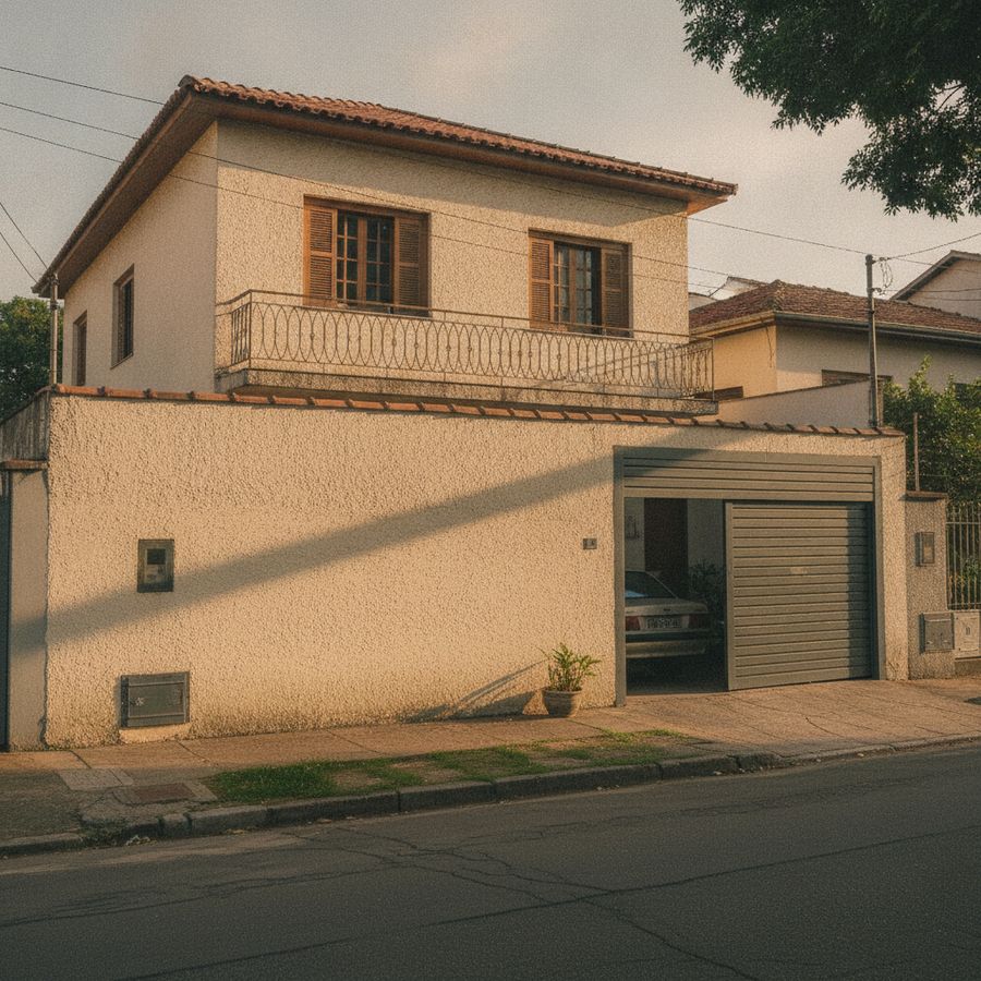 Casa residencial moderna com portão automático na garagem à noite