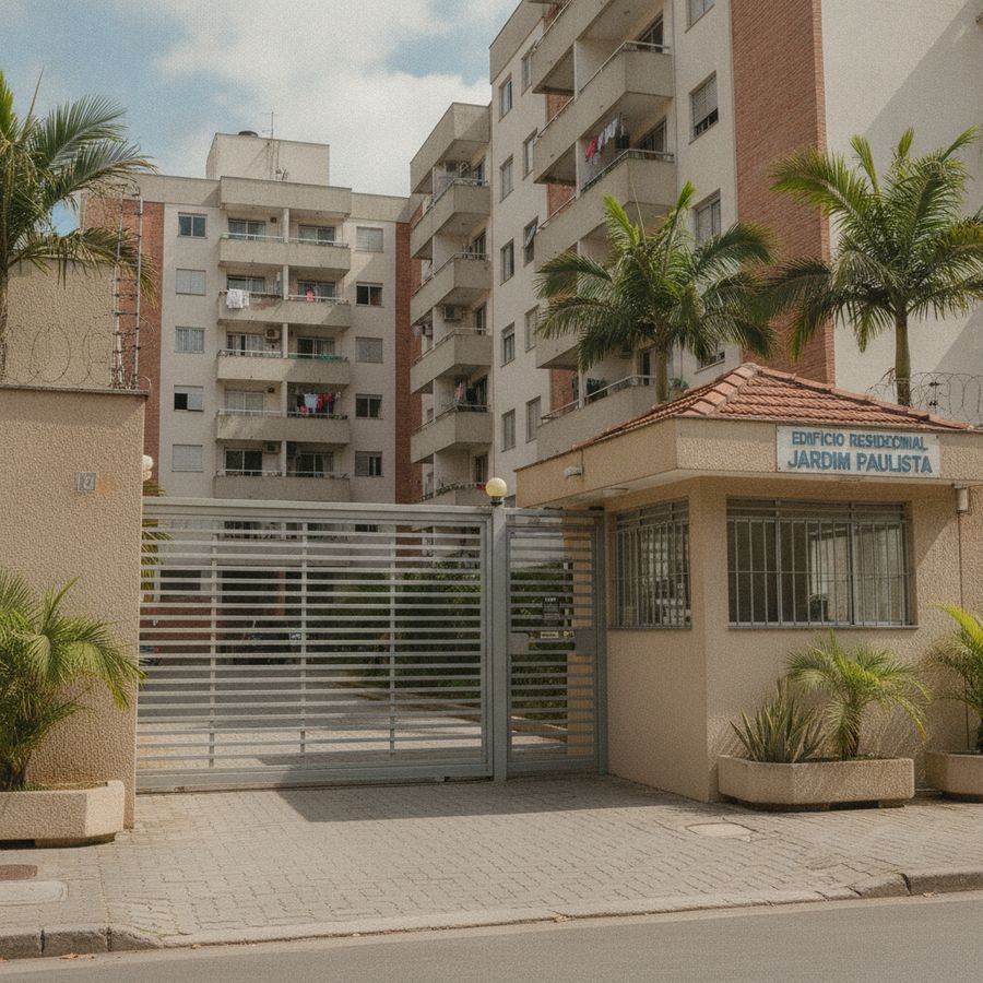 Entrada de condomínio moderno com portão automático à noite