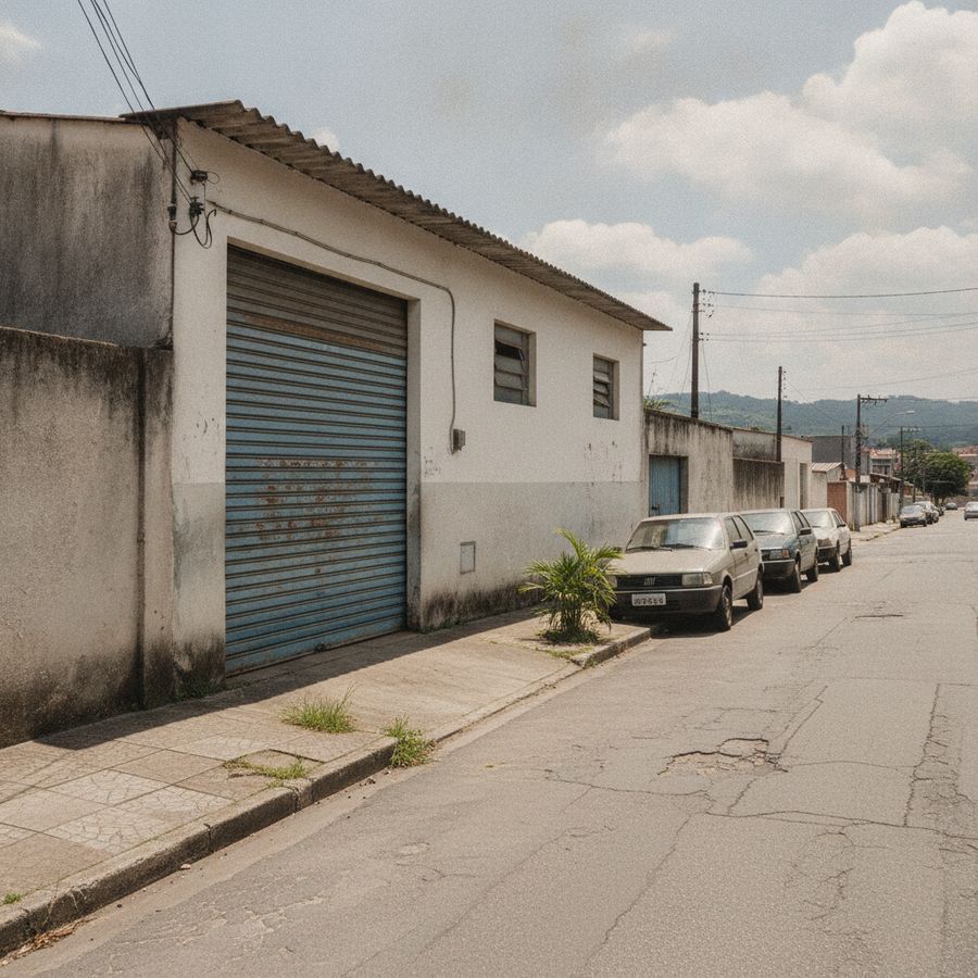 Galpão industrial com portão automático de grande porte à noite